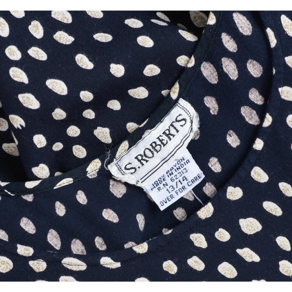 Vintage 90s Black Beige Polka Dot Boho Babydoll Dress with Pockets size S M - Picture 8 of 8